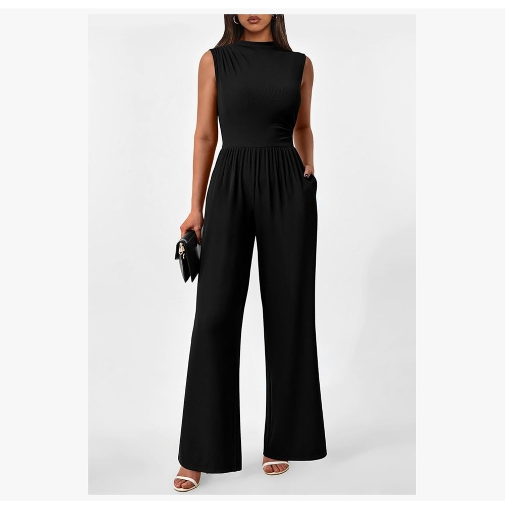 PrettyGarden Chic classic Black Sleeveless Jumpsuit mock neck - Picture 2 of 10
